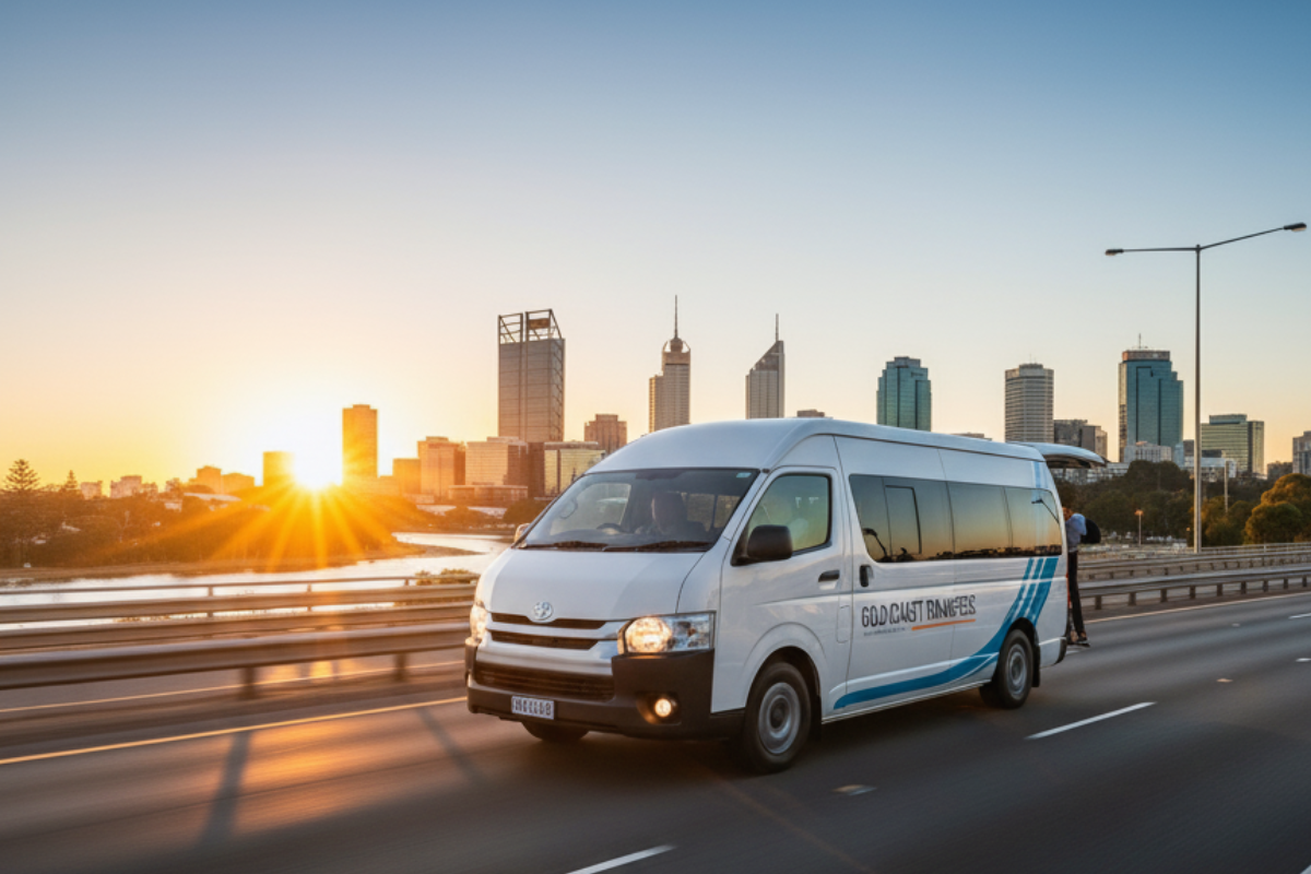 A airport shuttle bus van on the road of Perth